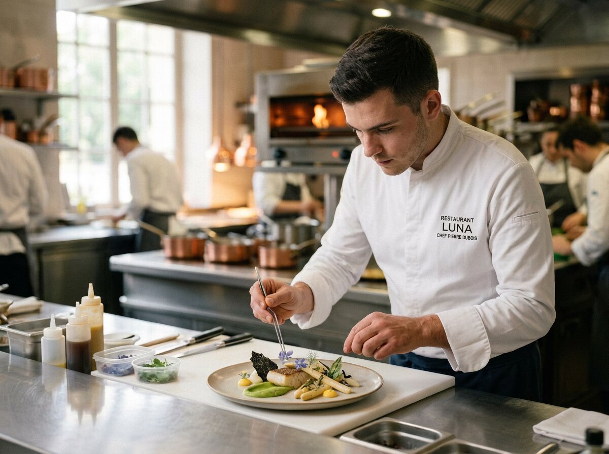 Chef en train de dresser une assiette